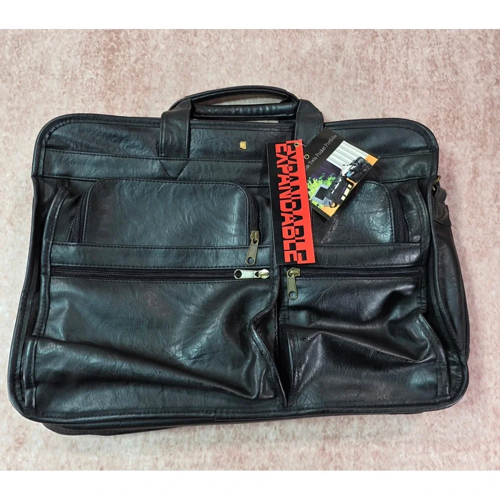 Expandable Twin Pocket Portfolio Leather Briefcase Bag NWT Black